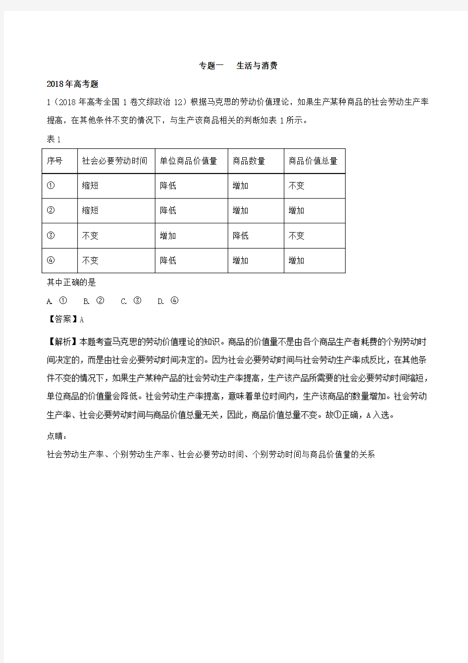 【三年高考】2016-2018年政治试题类编：专题01-经济与消费(含答案)