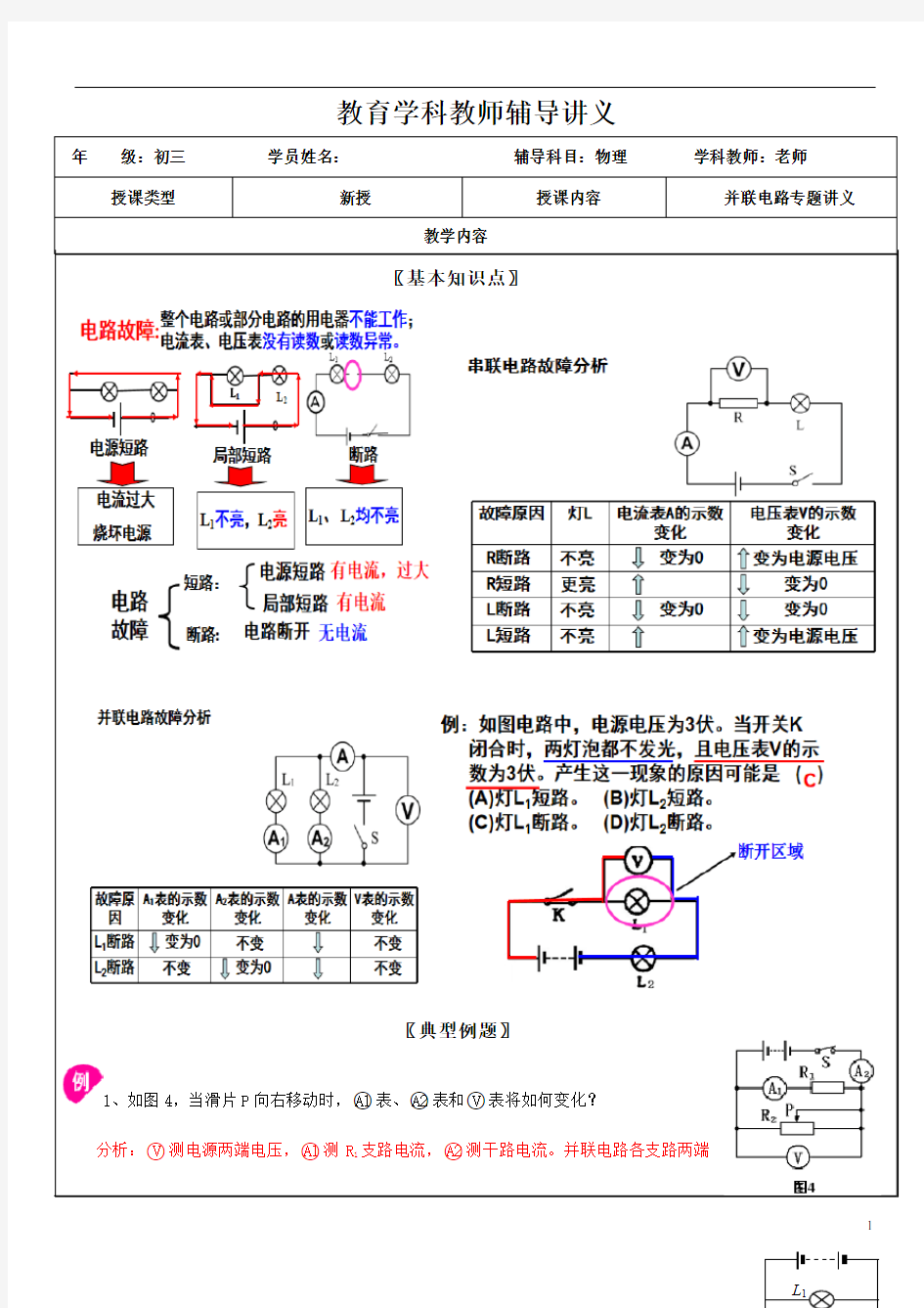 初中物理并联电路故障电路专题-