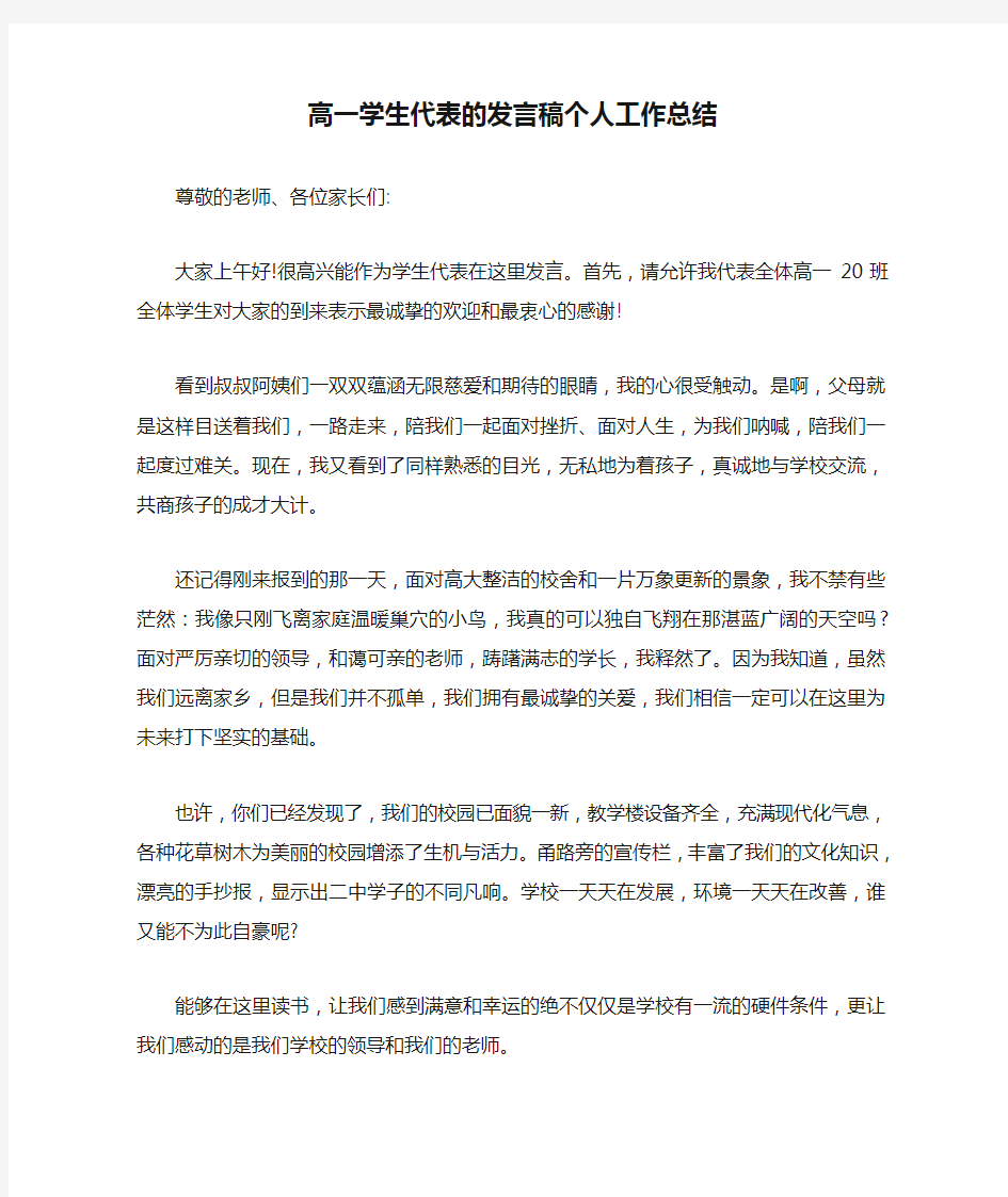 高一学生代表的发言稿个人工作总结