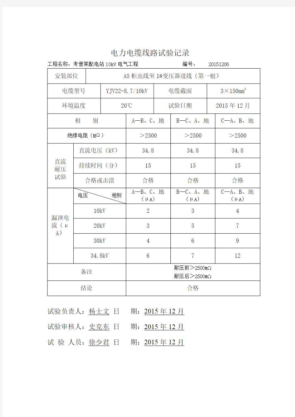 电缆实验报告-高压直流耐压试验