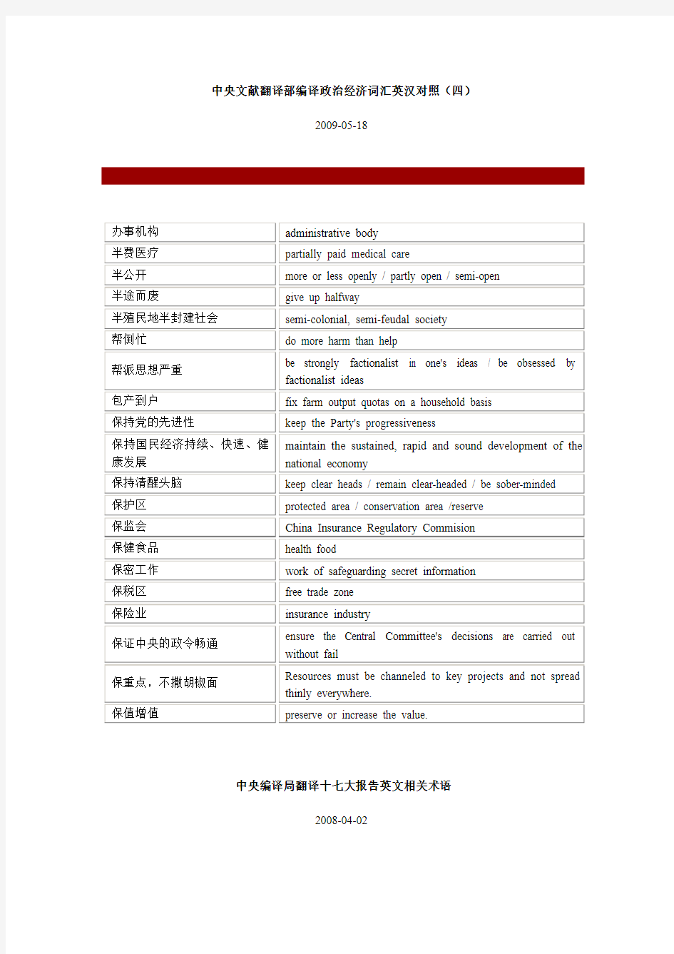 中央文献翻译部编译政治经济词汇英汉对照