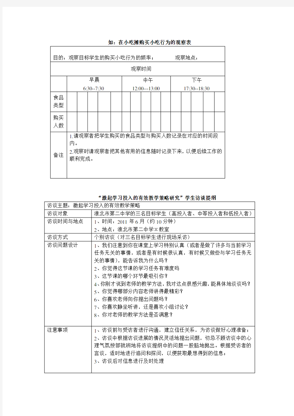 观察表格、访谈提纲、调查问卷模板