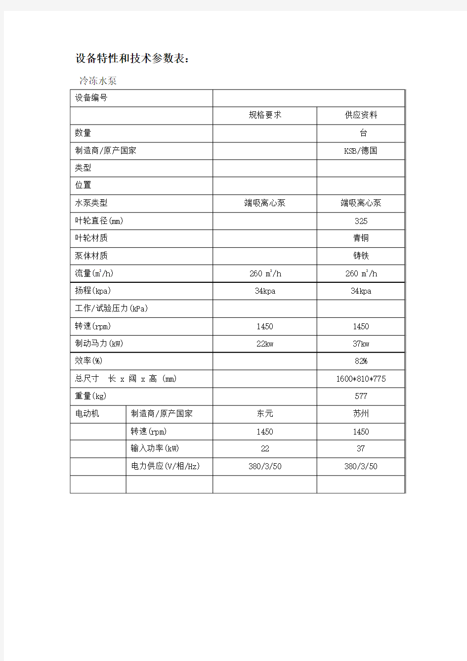 空调水泵设备特性和技术参数表