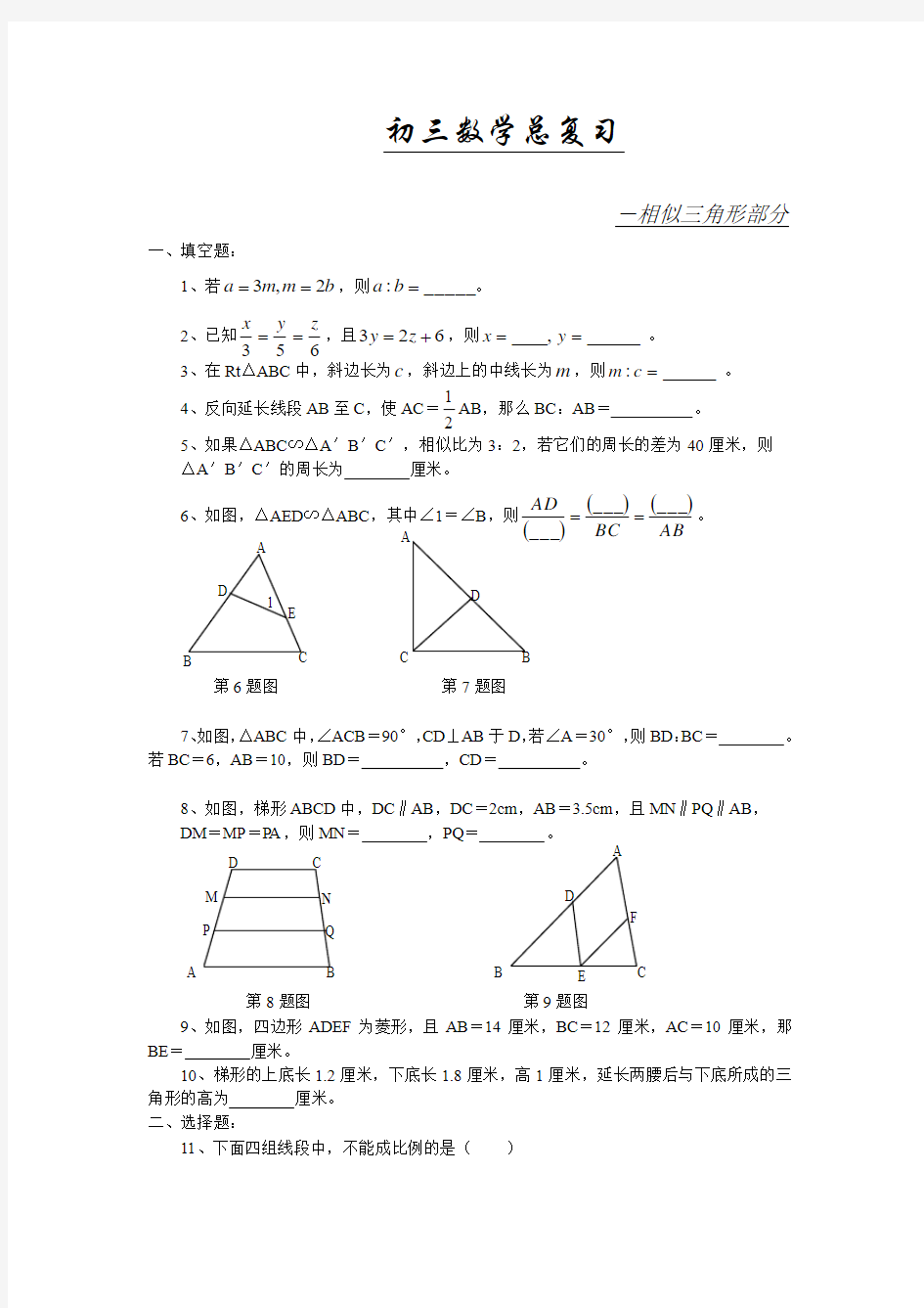初三数学总复习相似三角形(含答案)
