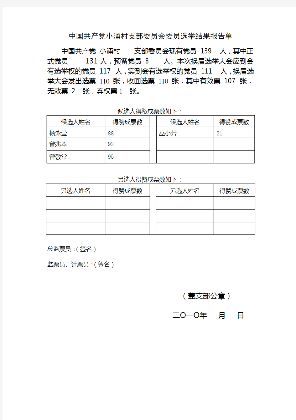 党支部选举结果报告单