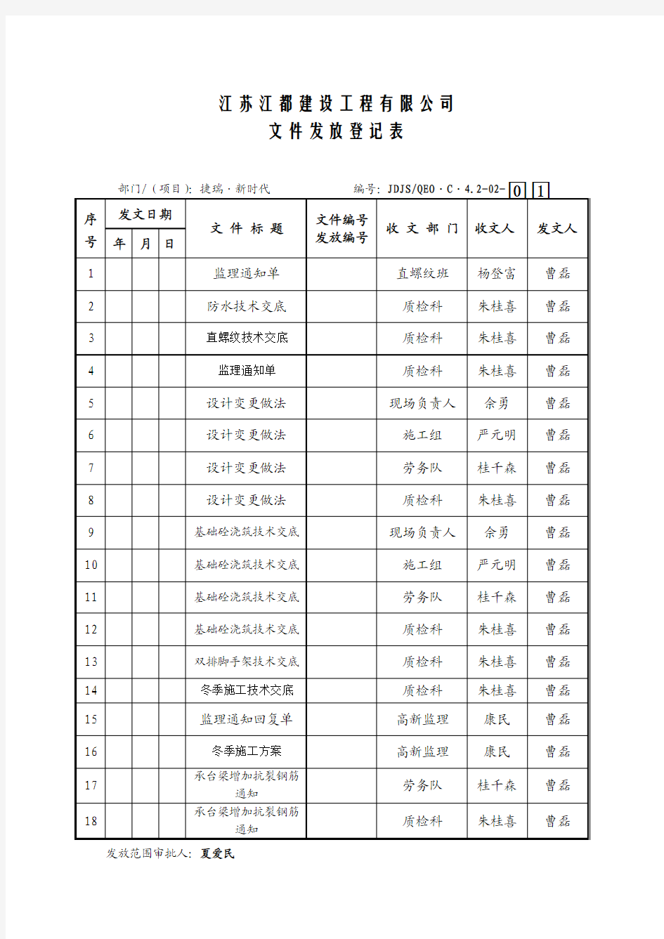 文件发放登记表