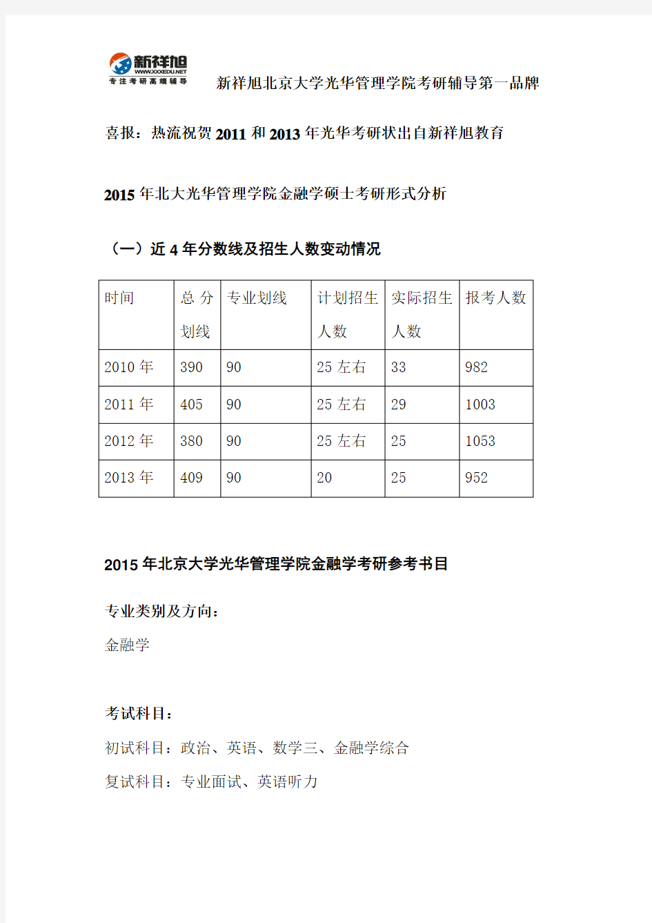 2015年北京大学光华管理学院金融硕士考研参考书目-报考人数-复习方法-新祥旭考研辅导