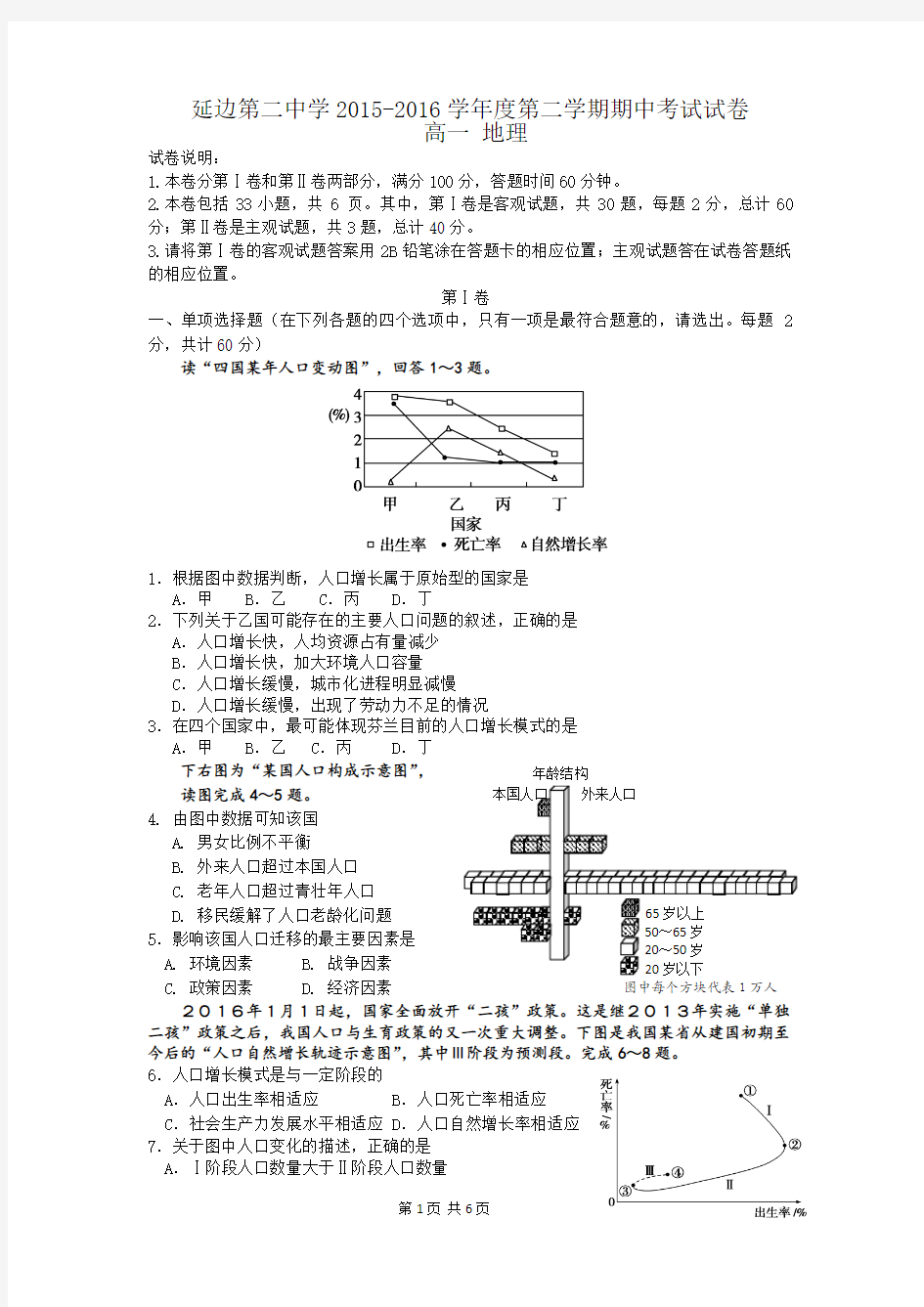 2015-2016学年吉林省延边二中高一下学期期中考试地理试题