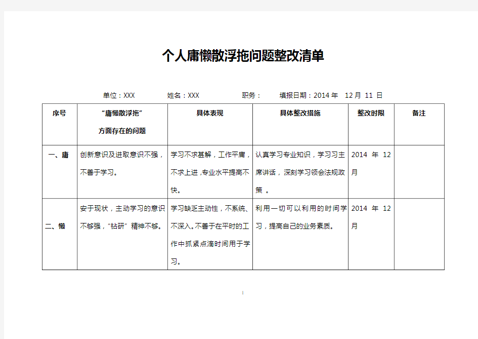 个人庸懒散浮拖问题整改清单