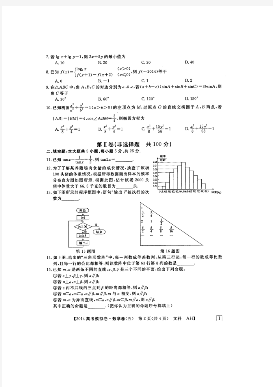 【恒心】安徽省2014届高考模拟信息考试数学(文科)试题(五)及参考答案