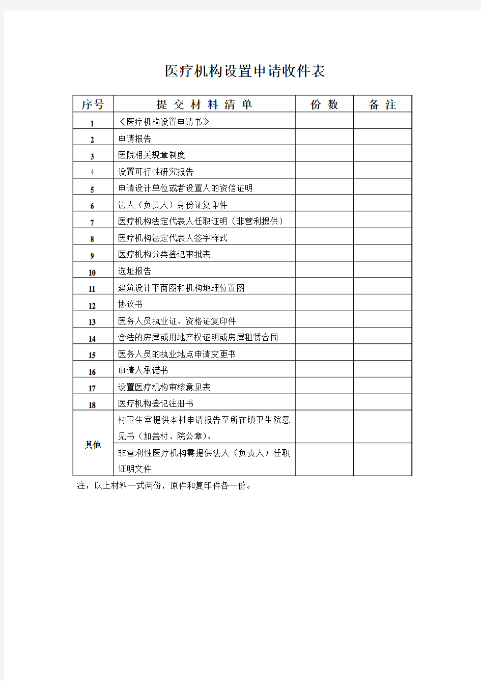 济宁市医疗机构设置申请收件表