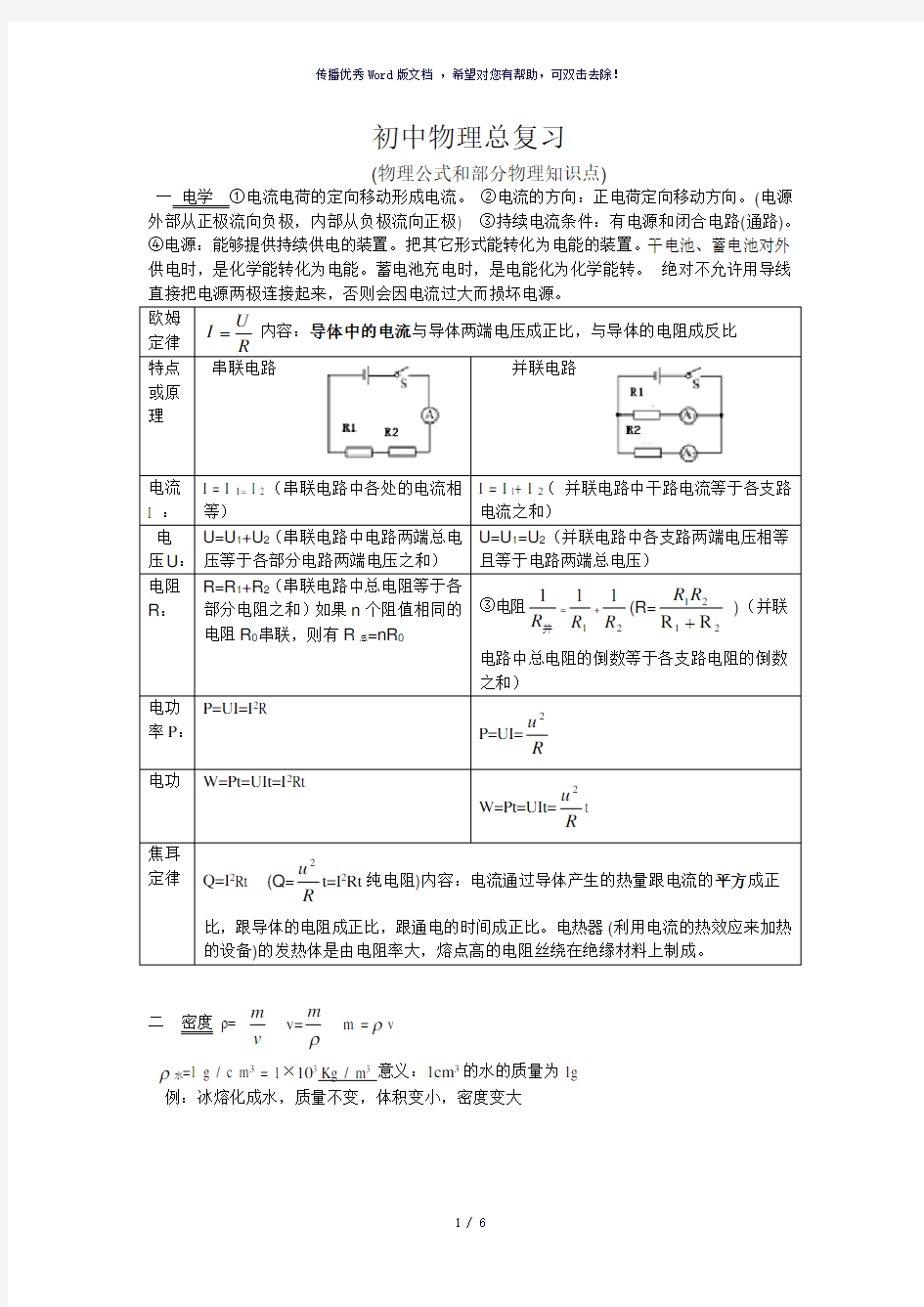 初中物理公式和部分物理知识点总结