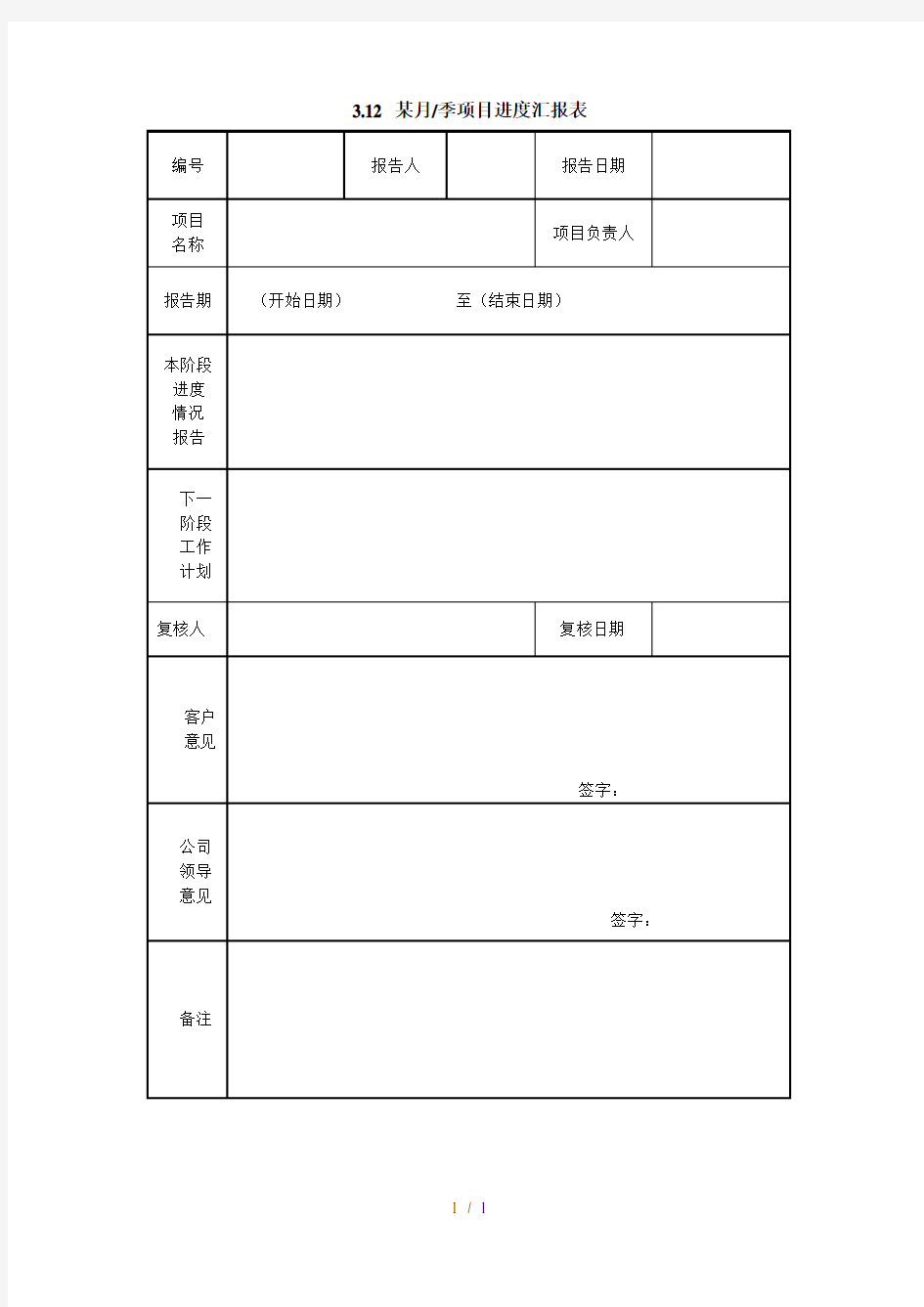  月项目进度汇报表