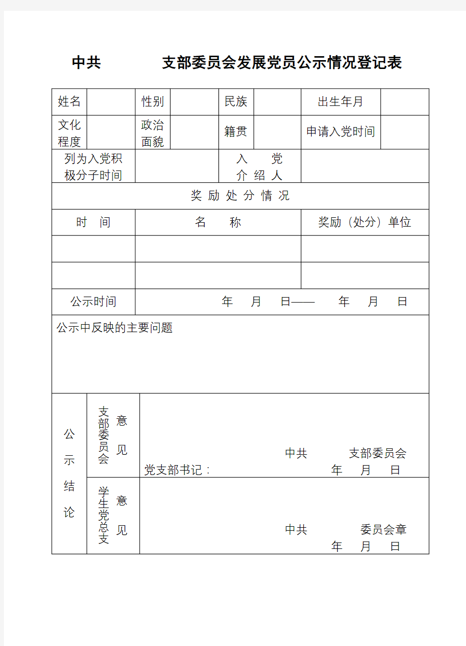 中共支部委员会发展党员公示情况登记表【模板】