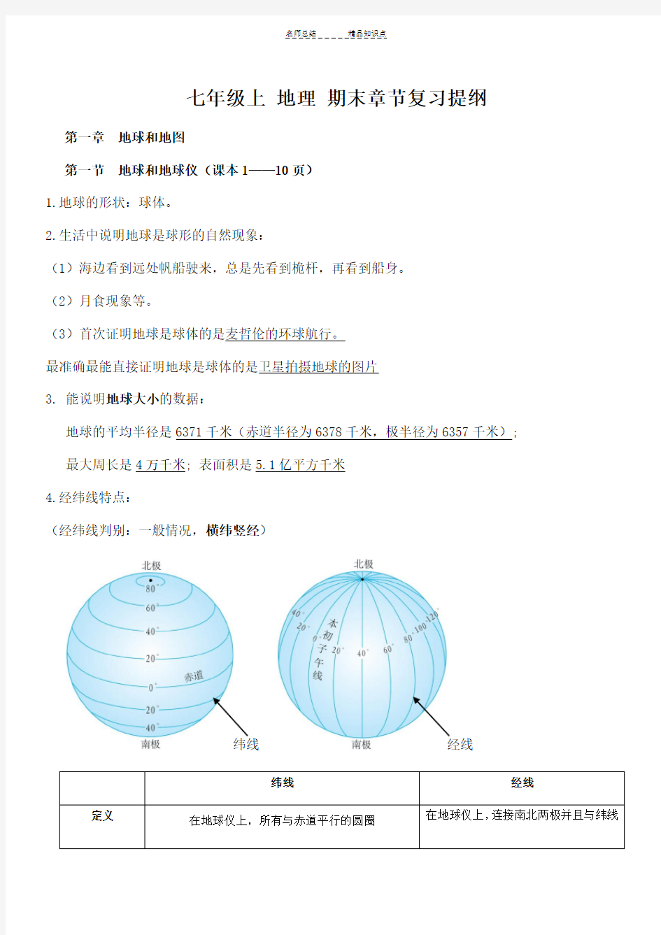 新人教版七年级地理上册复习提纲分章节知识点梳理