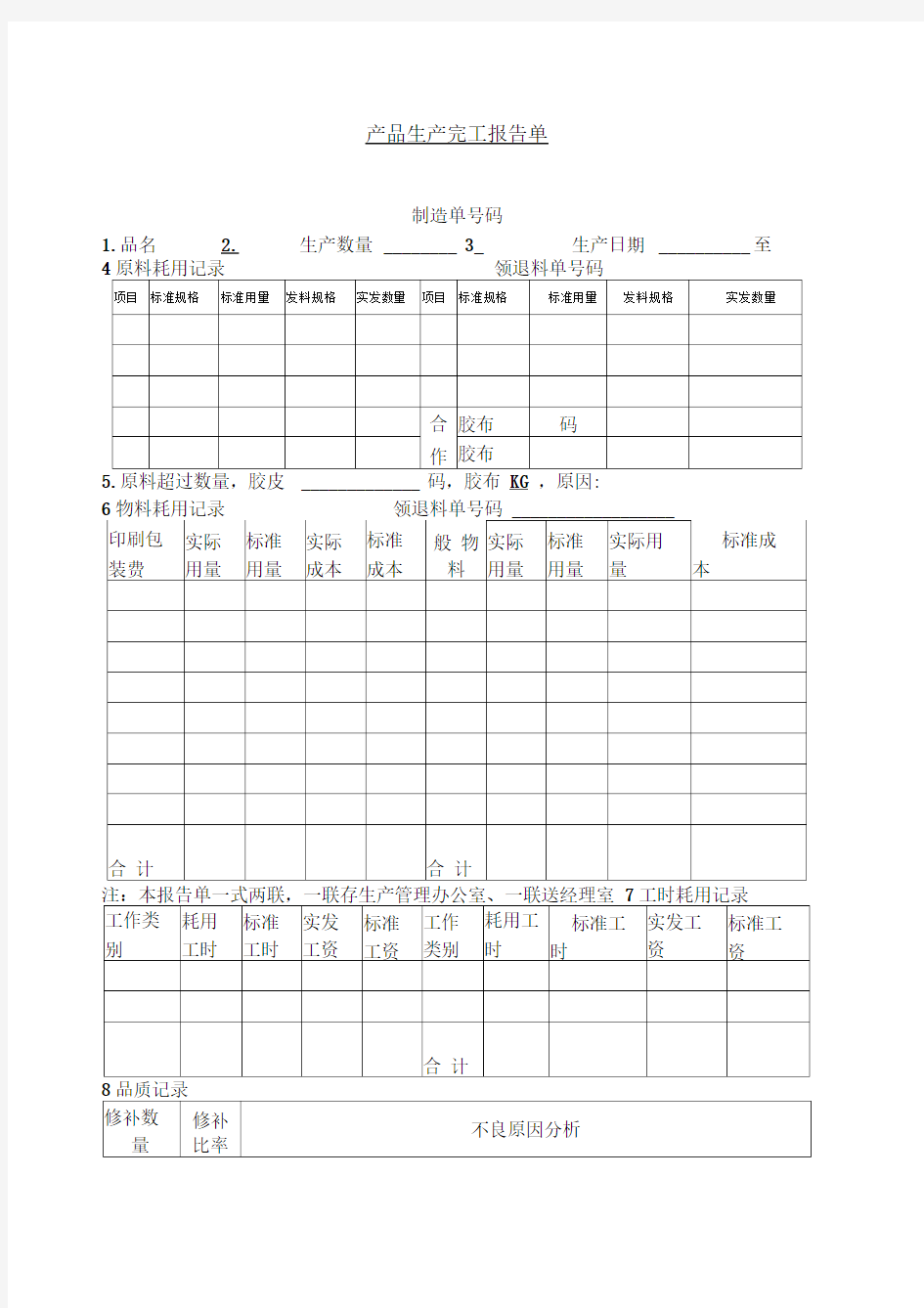 产品生产完工报告单