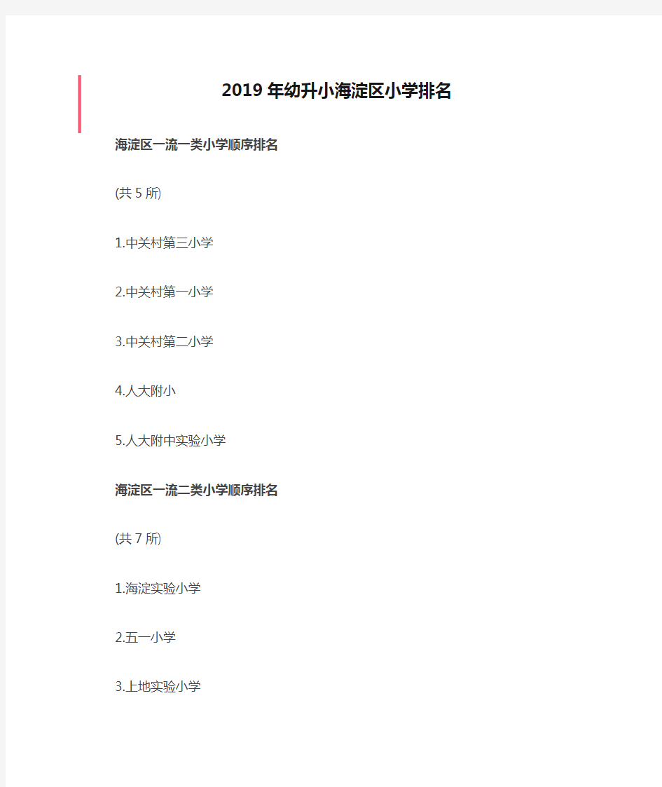 2019年幼升小海淀区小学排名