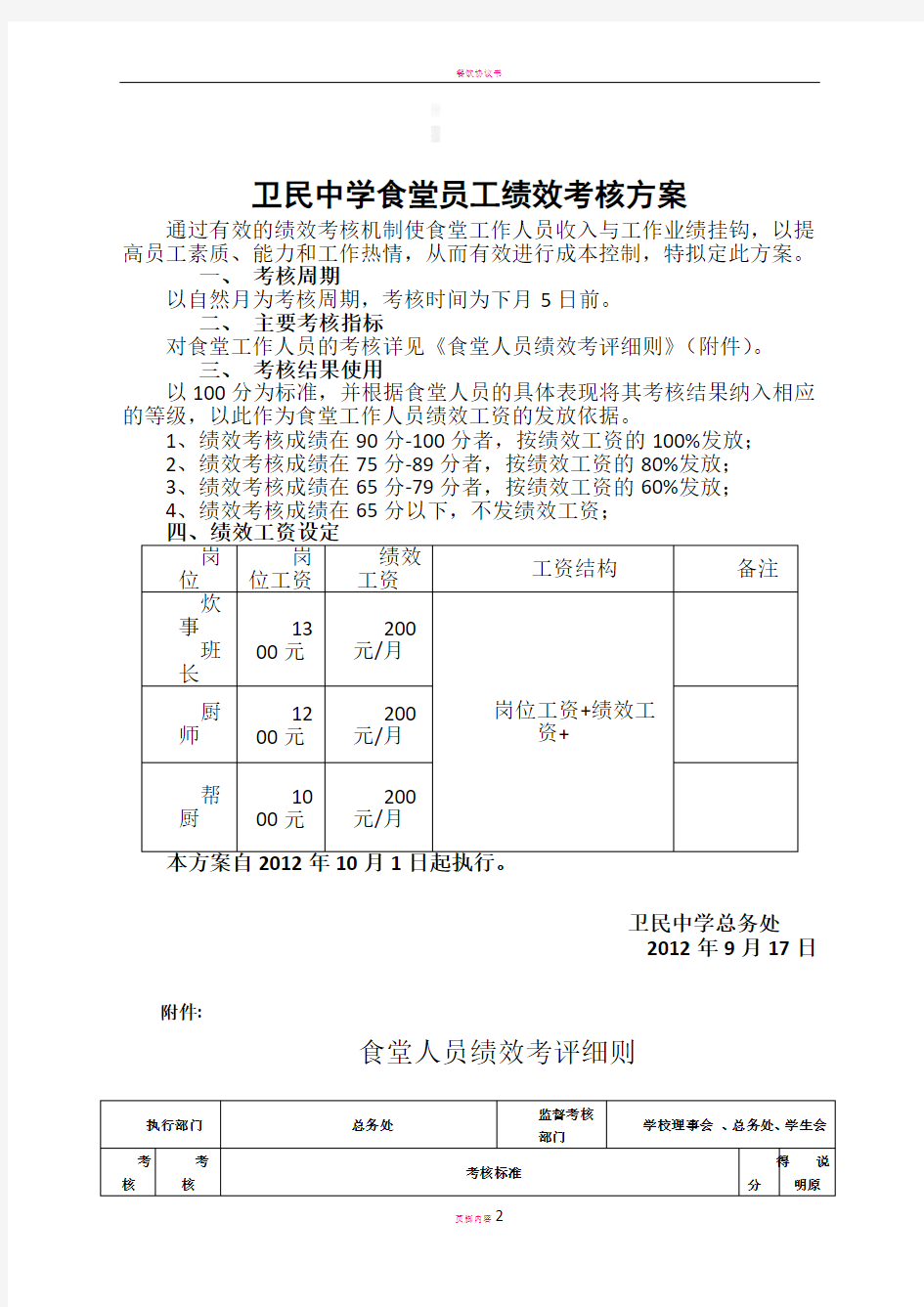 食堂员工绩效考核方案及考评细则