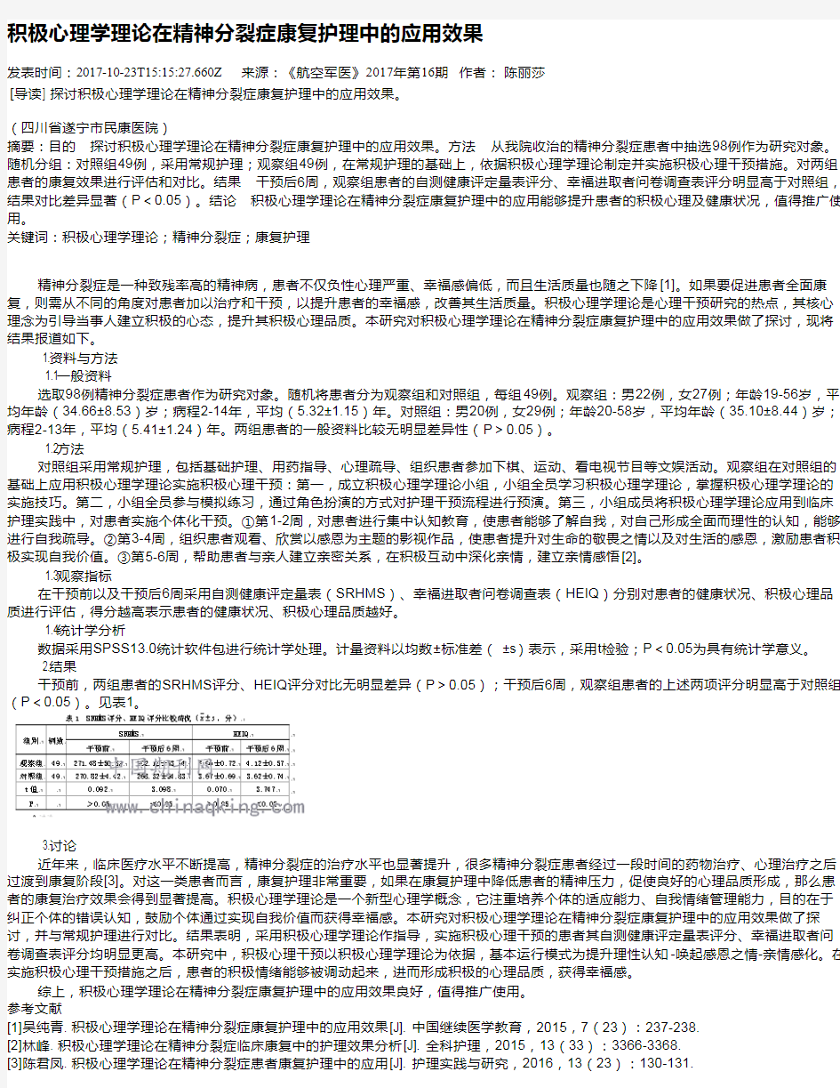 积极心理学理论在精神分裂症康复护理中的应用效果