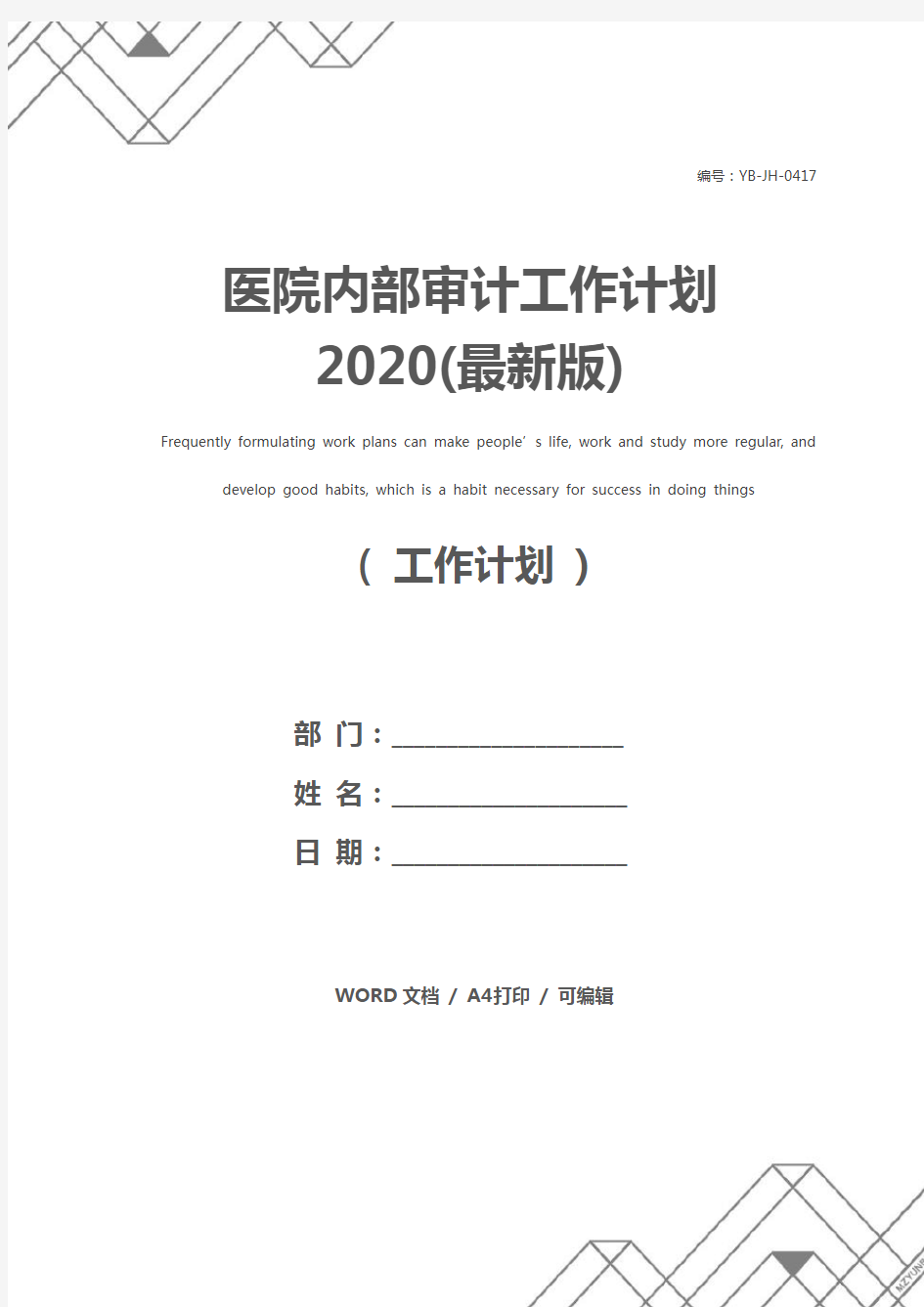 医院内部审计工作计划2020(最新版)