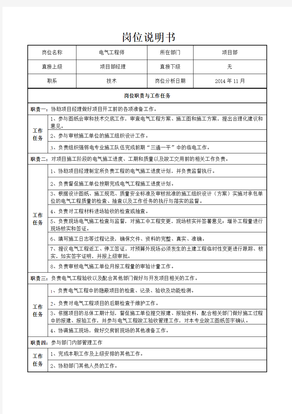 项目部电气工程师岗位职责