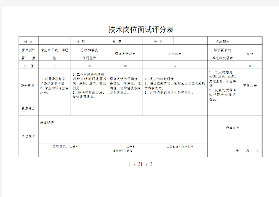 正式面试评分表模板