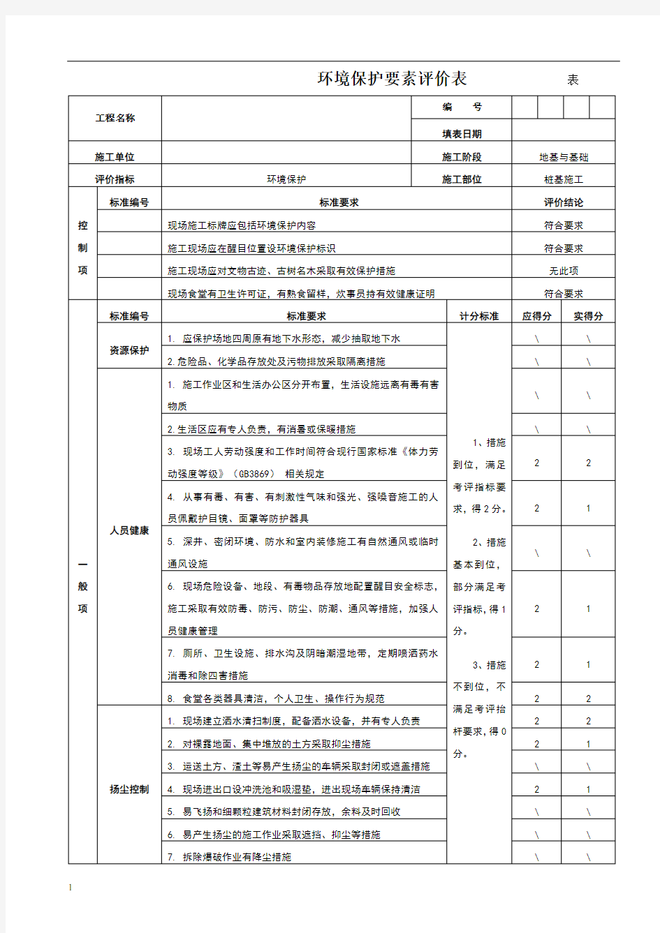 绿色施工阶段评价表