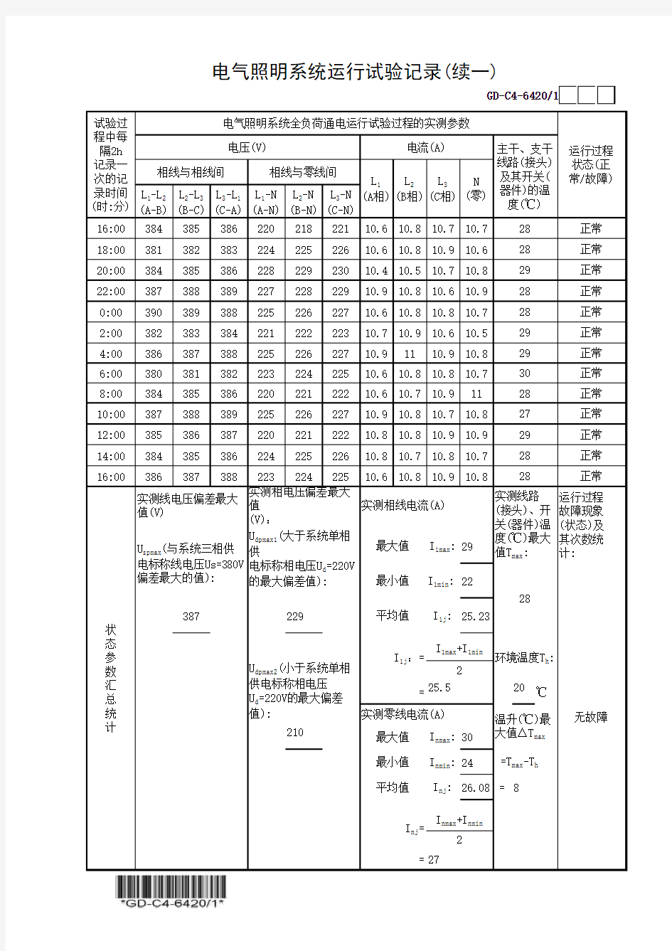 建筑工程-电气照明系统运行试验记录(续一)-填写范例