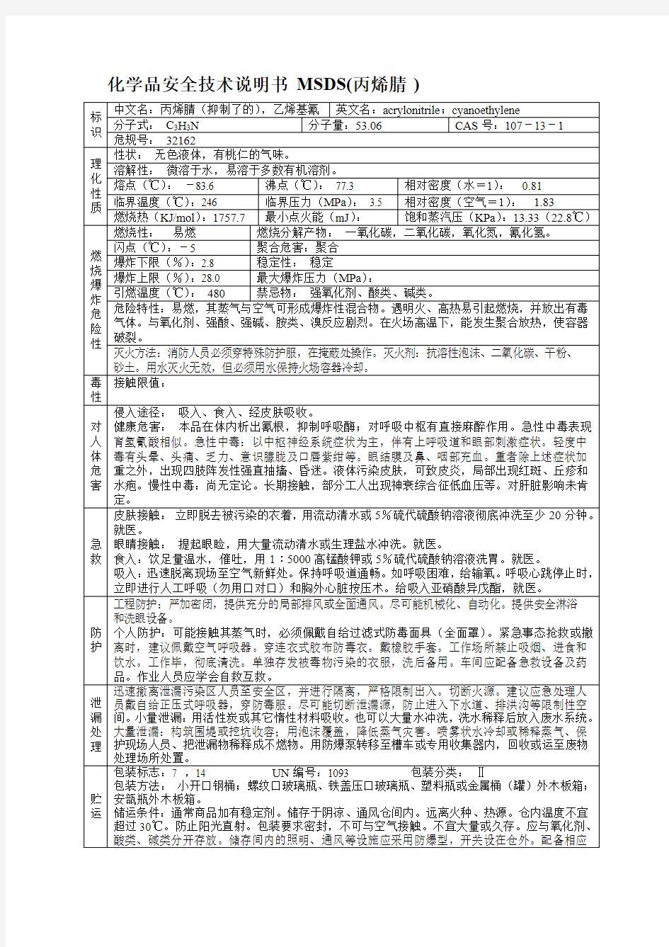 化学品安全技术说明书 MSDS(丙烯腈)