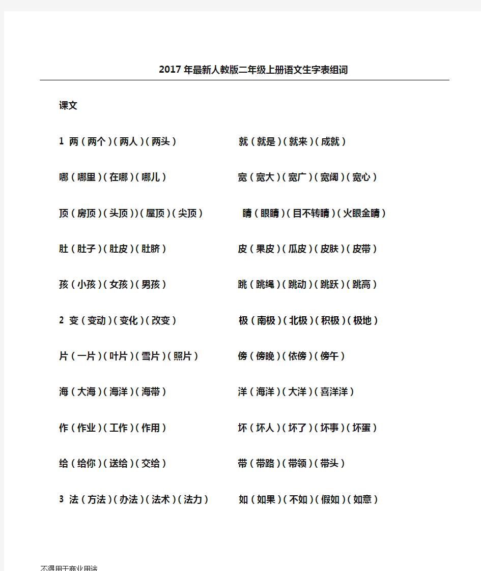 (完整)最新2017人教版二年级上册语文生字表组词