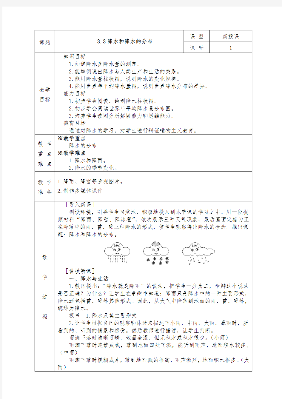 人教版七年级上册地理全册教案3.3 降水和降水的分布