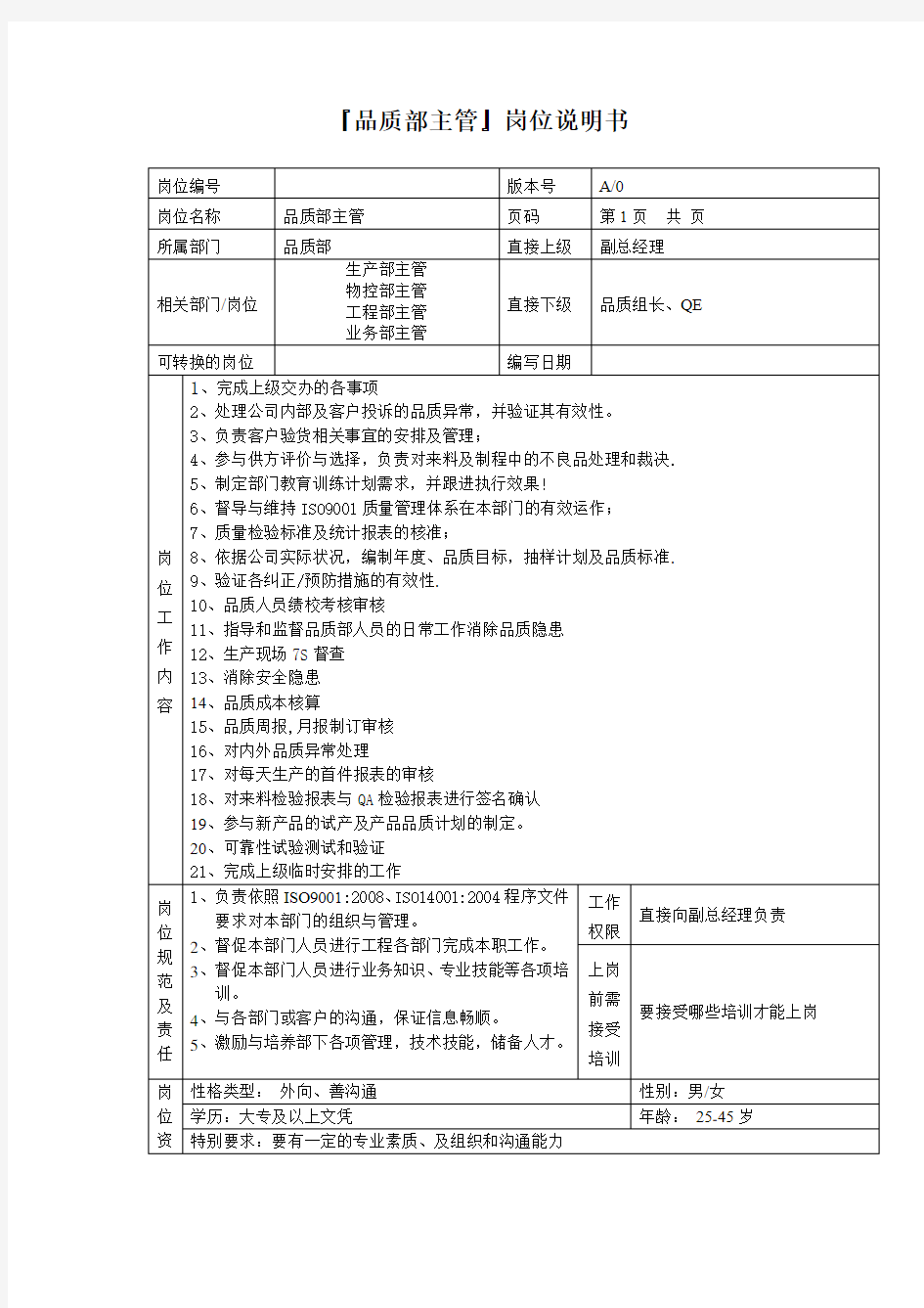 品质部主管岗位职责