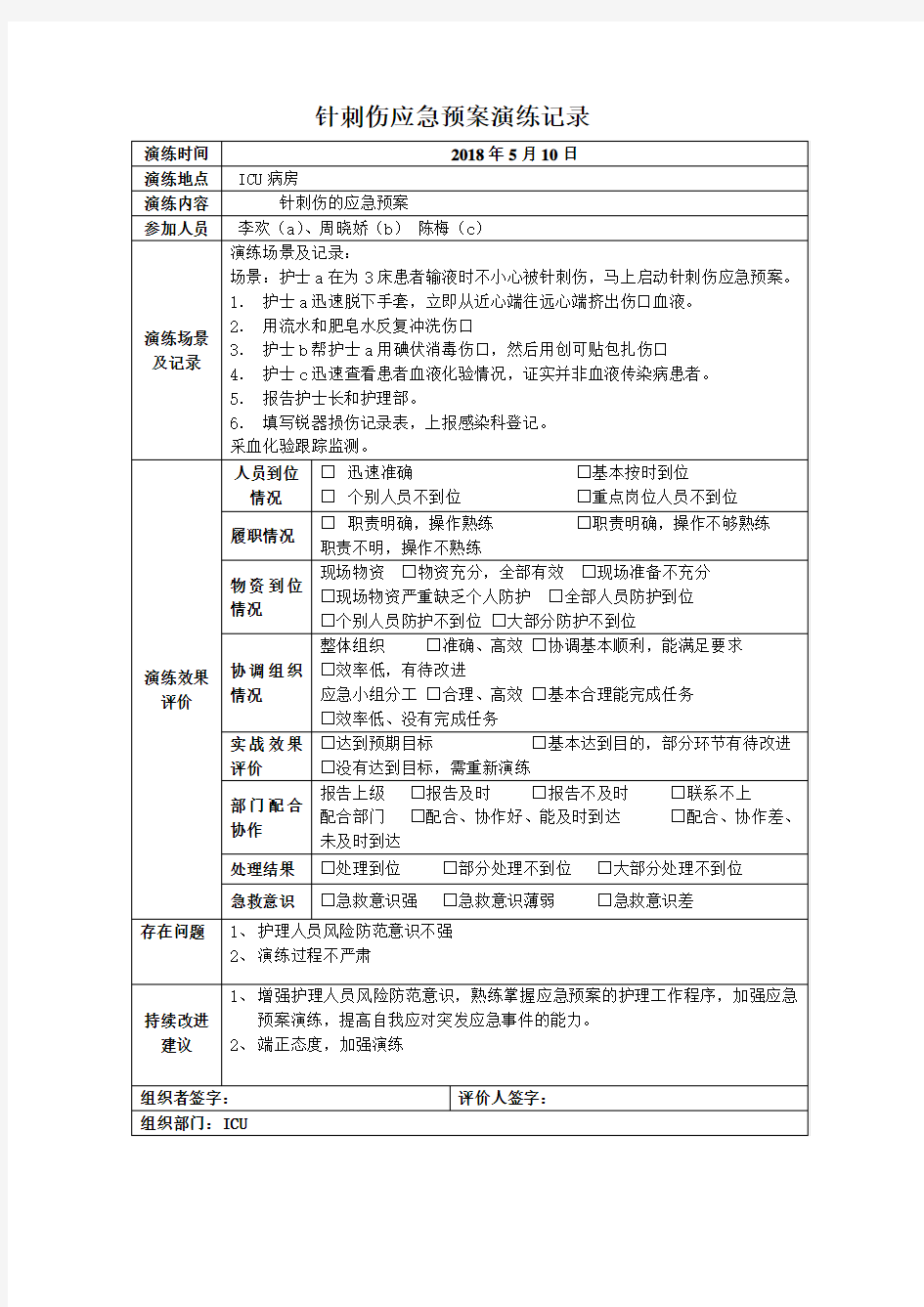 针刺伤应急预案演练记录