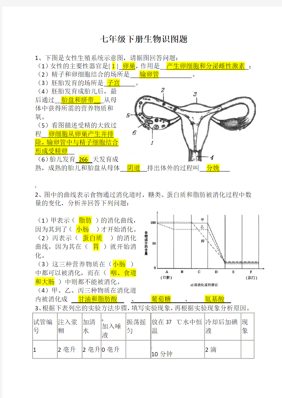 七年级下册生物识图题(答案)