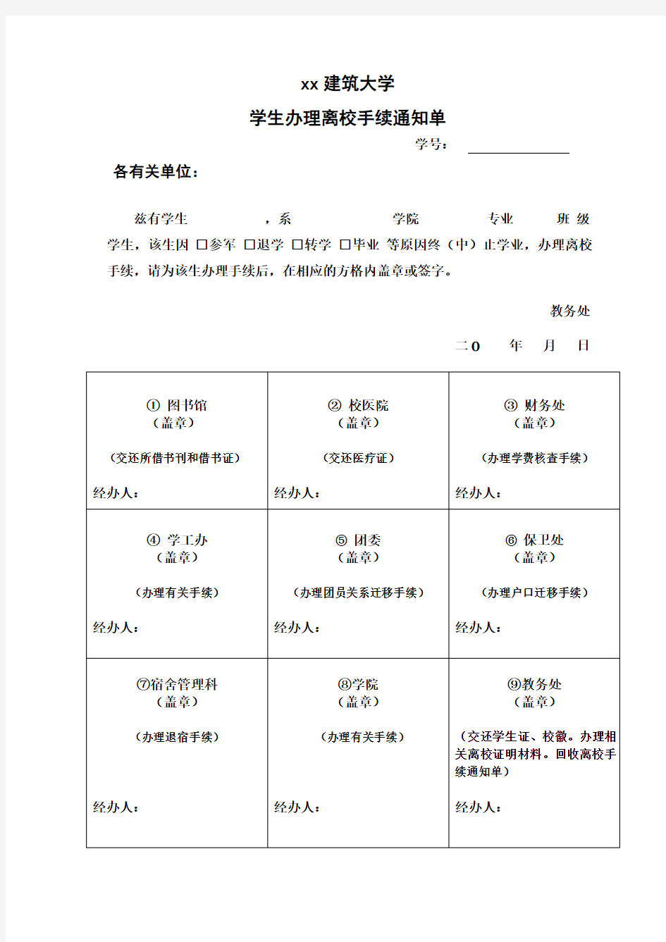 学生办理离校手续通知单