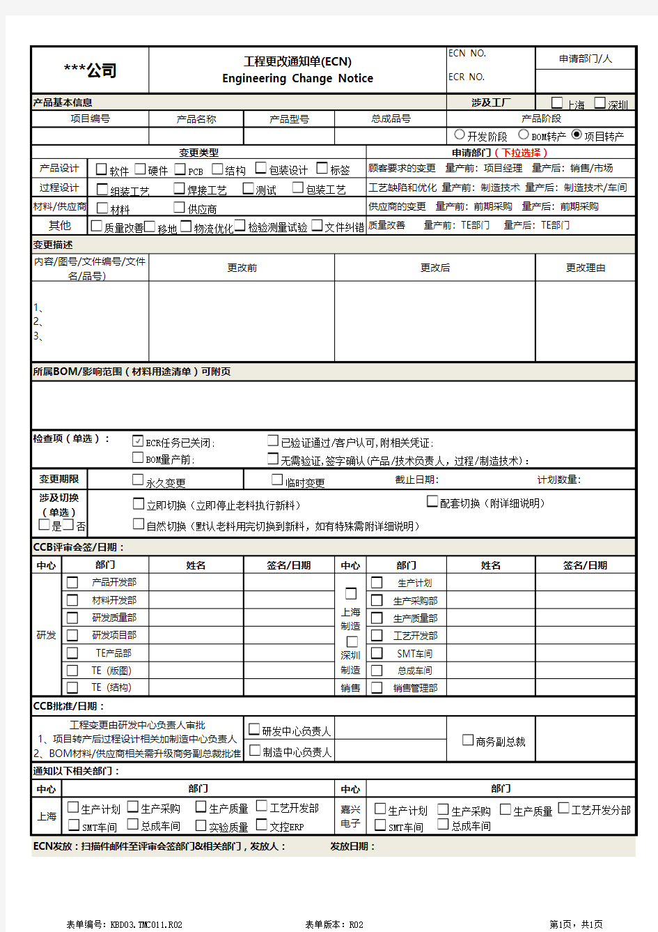 工程变更通知单(ECN)模板