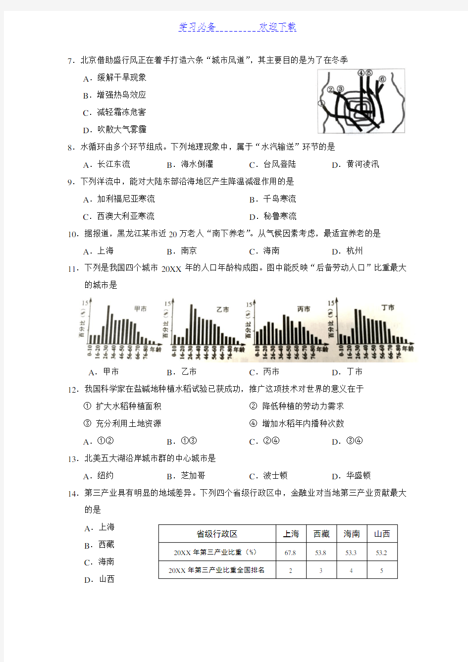 上海高中地理等级考试真题及答案(WORD打印版)