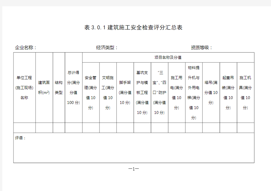 安全检查评分表及汇总表