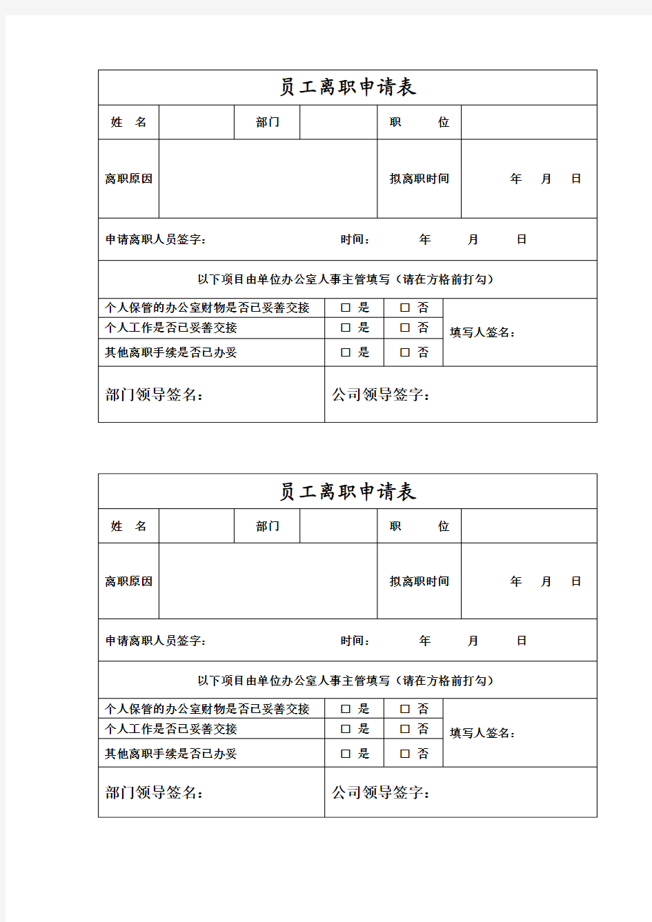 员工离职申请表(模板)