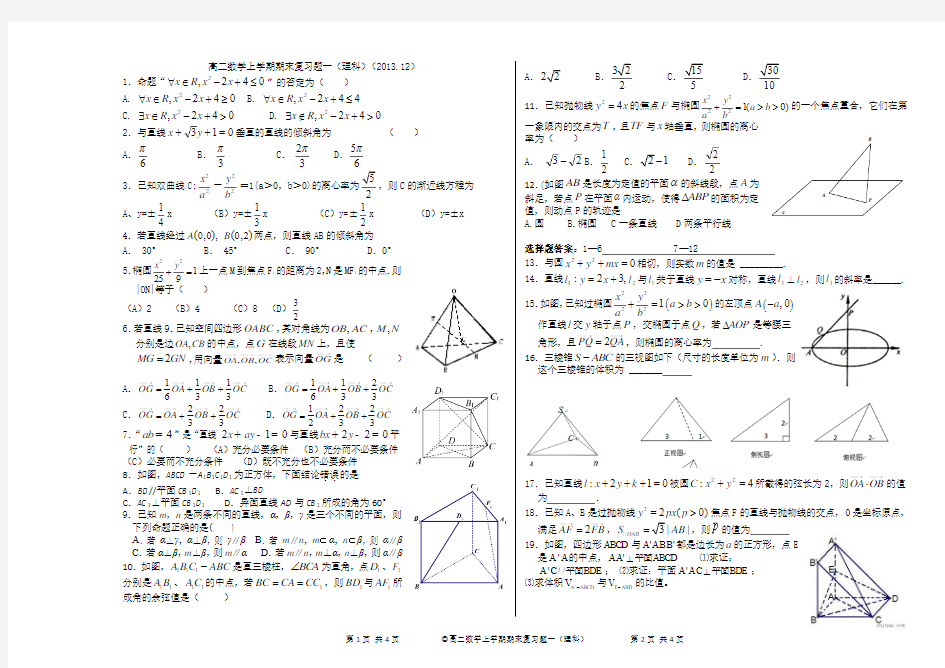 高二数学上学期期末复习题1(理科)