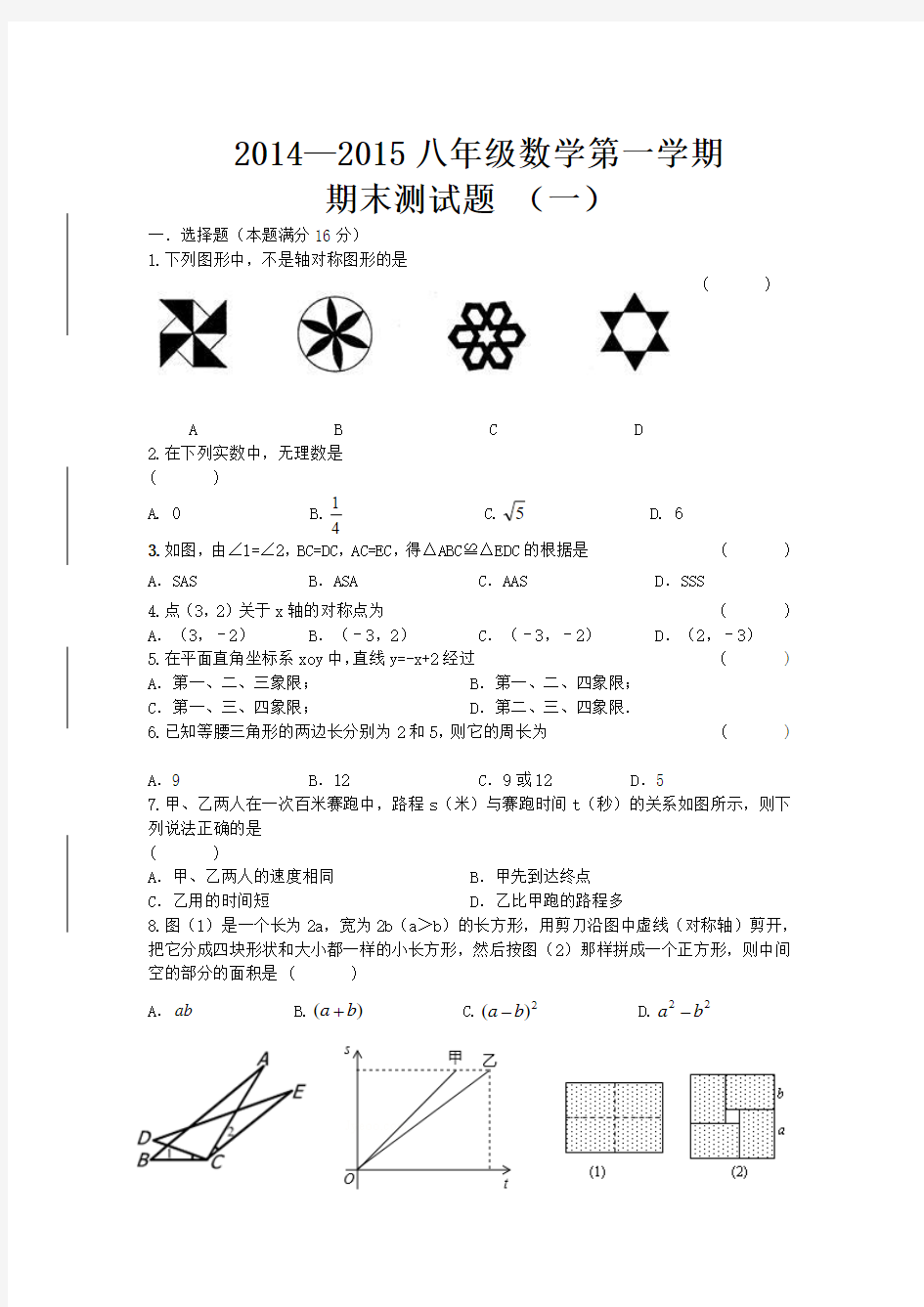 2014—2015八年级数学第一学期期末测试题 (一)