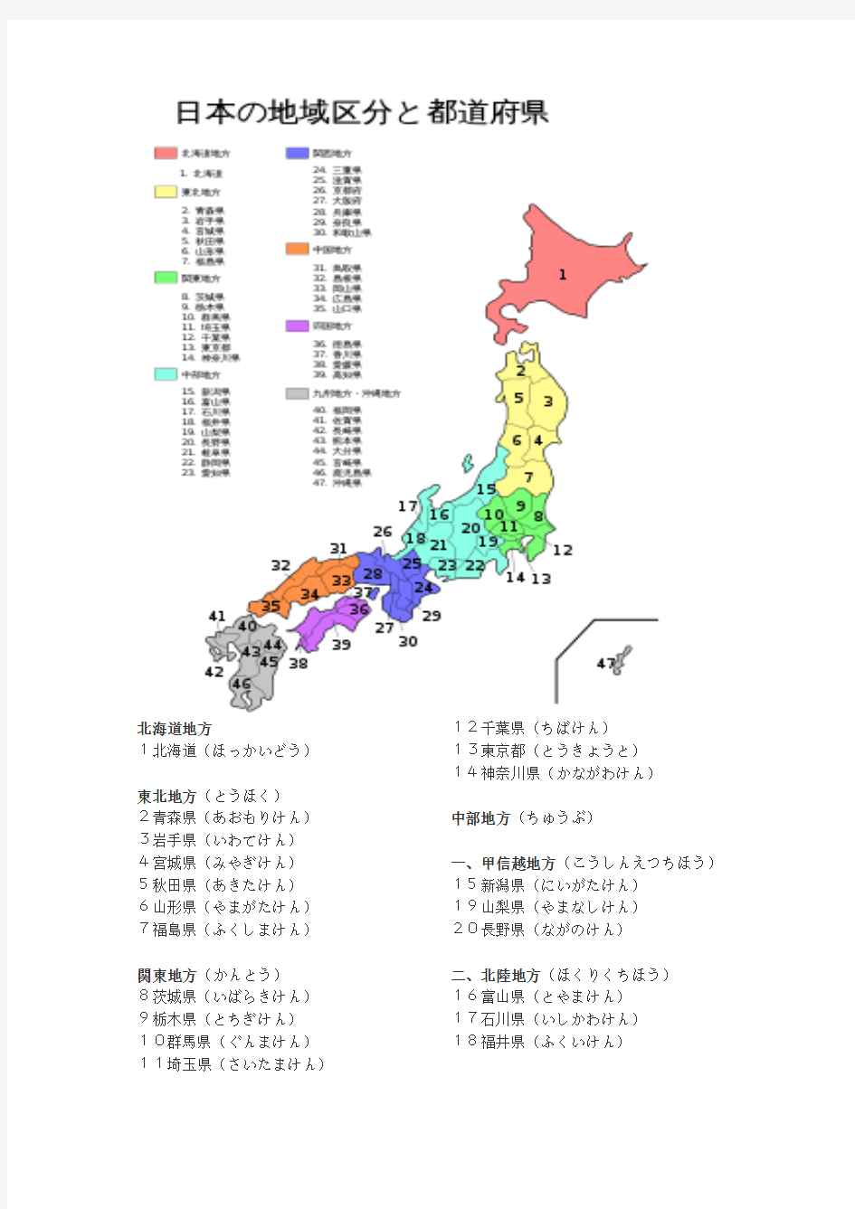 日本都道府县中日文对照