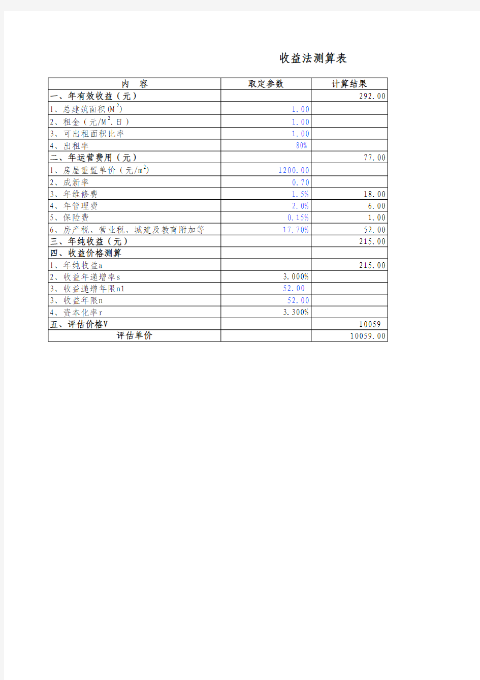 收益法计算表