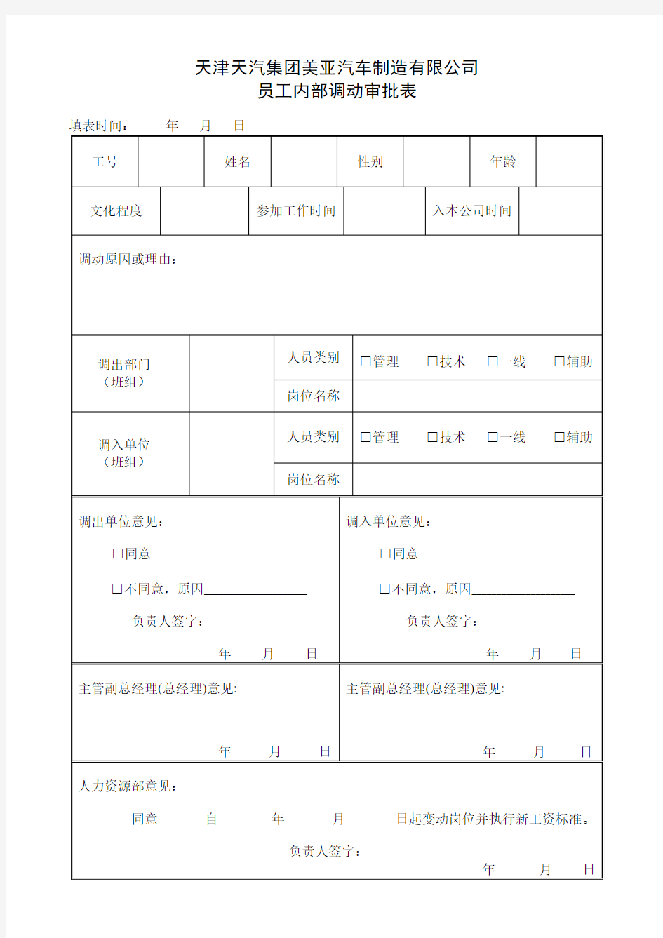 岗位内部调动审批表(纯手写)