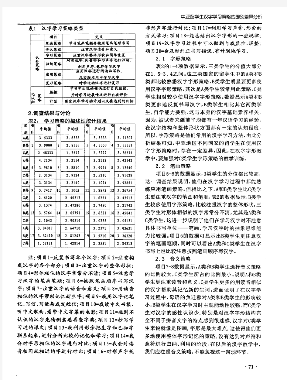 中亚留学生汉字学习策略的国别差异分析