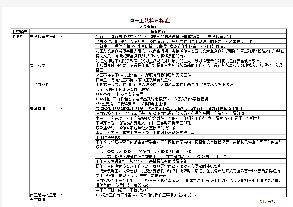 冲压工艺检查标准