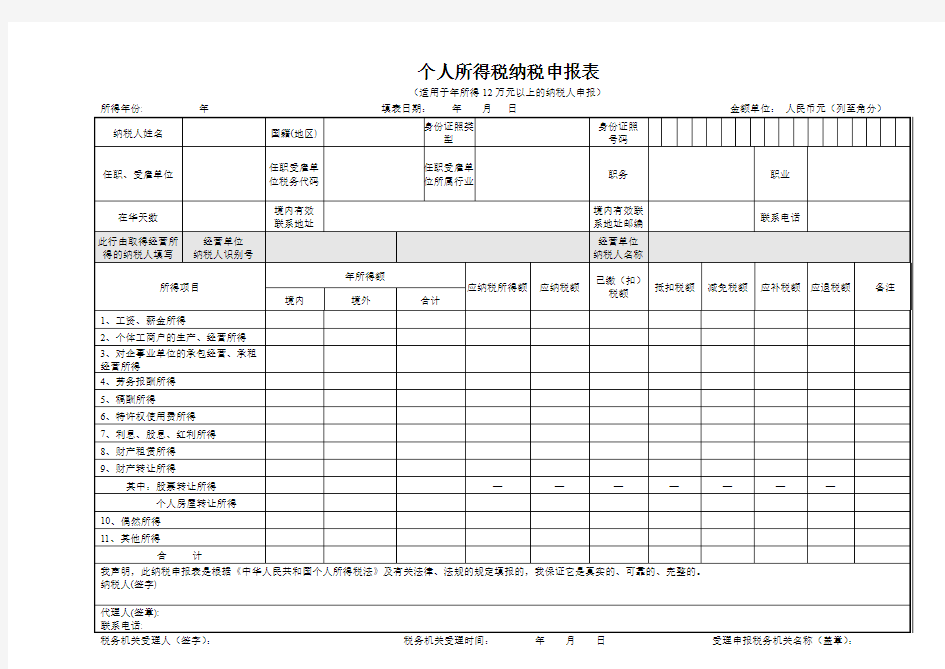 个人所得税纳税申报表(适用于年所得12万元以上的纳税人申报)范本