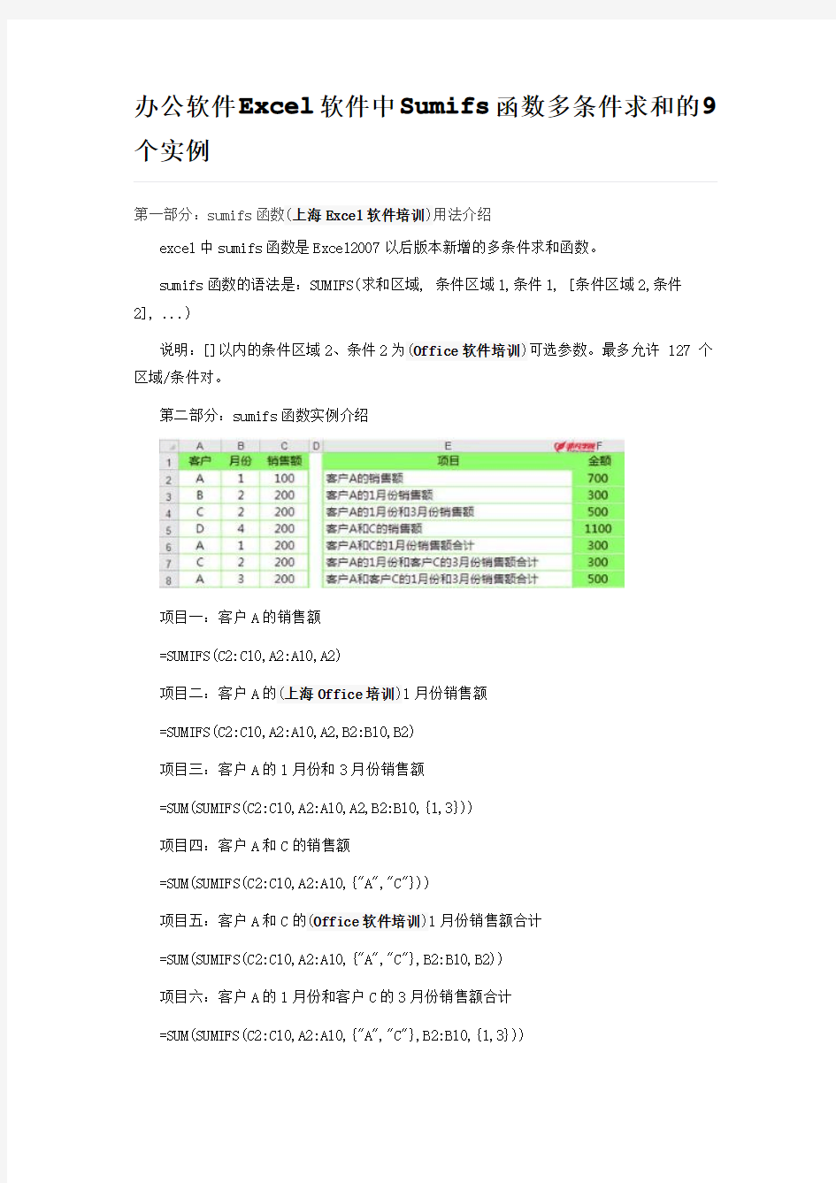 办公软件Excel软件中Sumifs函数多条件求和的9个实例