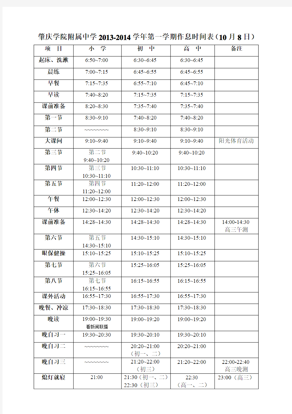 最新作息时间表(10月8日)