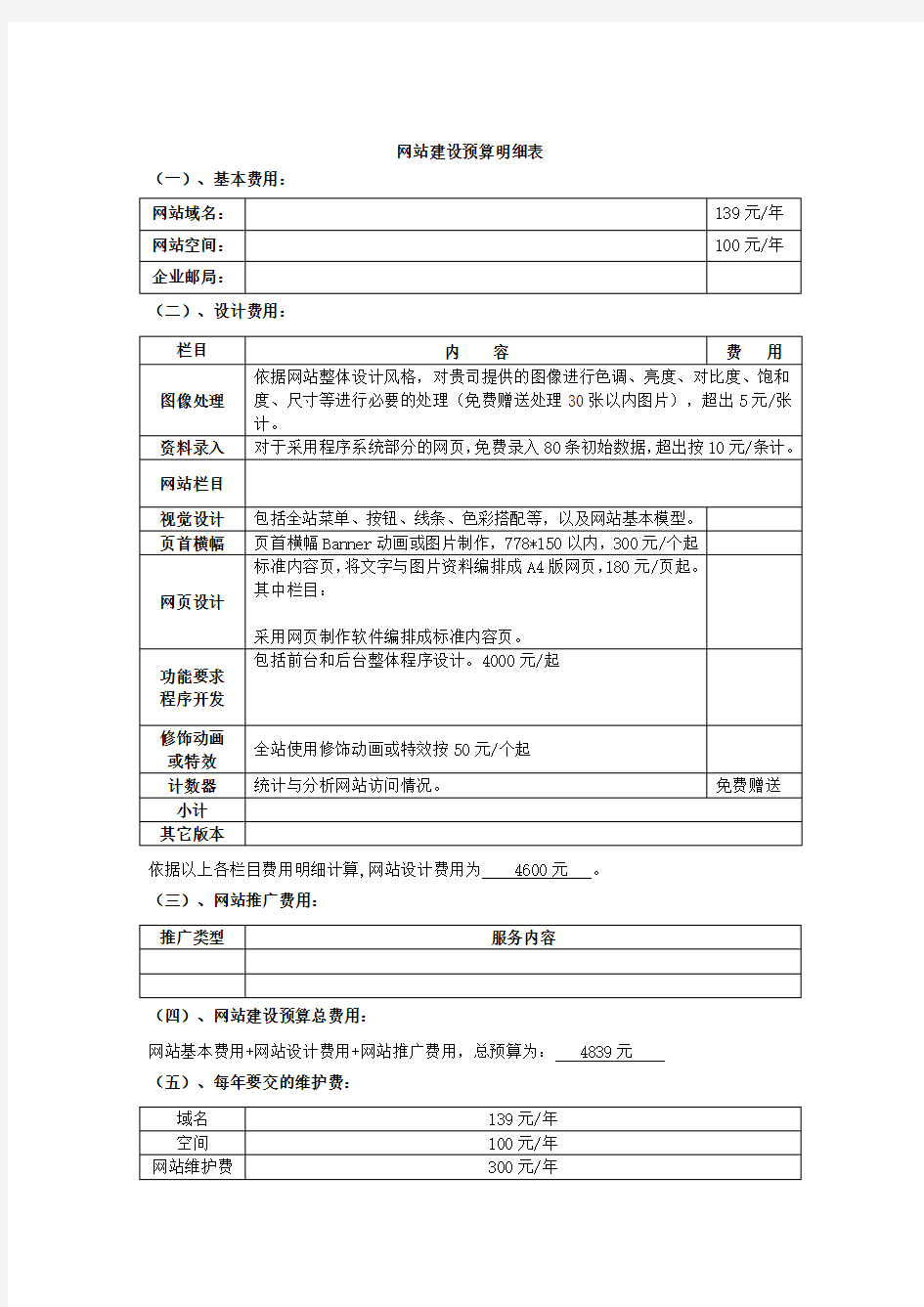 网站建设预算明细表